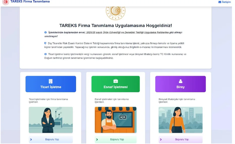 TAREKS Firma Tanımlama ekranında Ticari İşletme, Esnaf İşletmesi ve Birey seçenekleri
