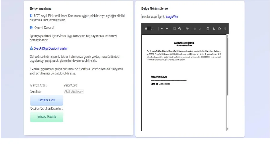TAREKS Firma Tanımlama ekranında belge imzalama ve belge görüntüleme örneği