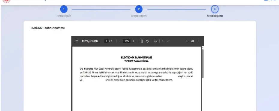 TAREKS Firma Başvurusu ekranında taahhütname imzalama örneği