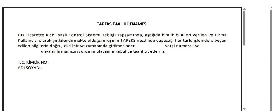 Firma kullanıcısı için TAREKS taahhütnamesi imzalama ekranı