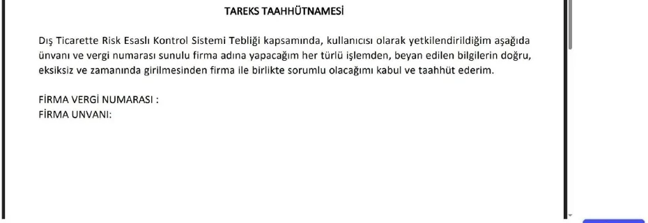 Firma kullanıcısının ilk kullanım taahhütnamesi ekranı